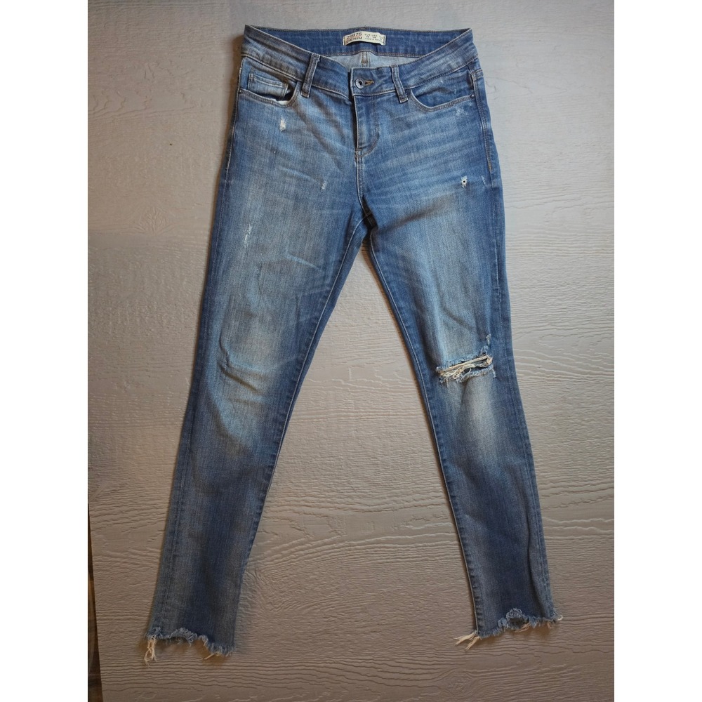 Zara Z1975 Denim Skinny Distressed‎ Jeans Medium Wash Frayed Hem Womens Size 6